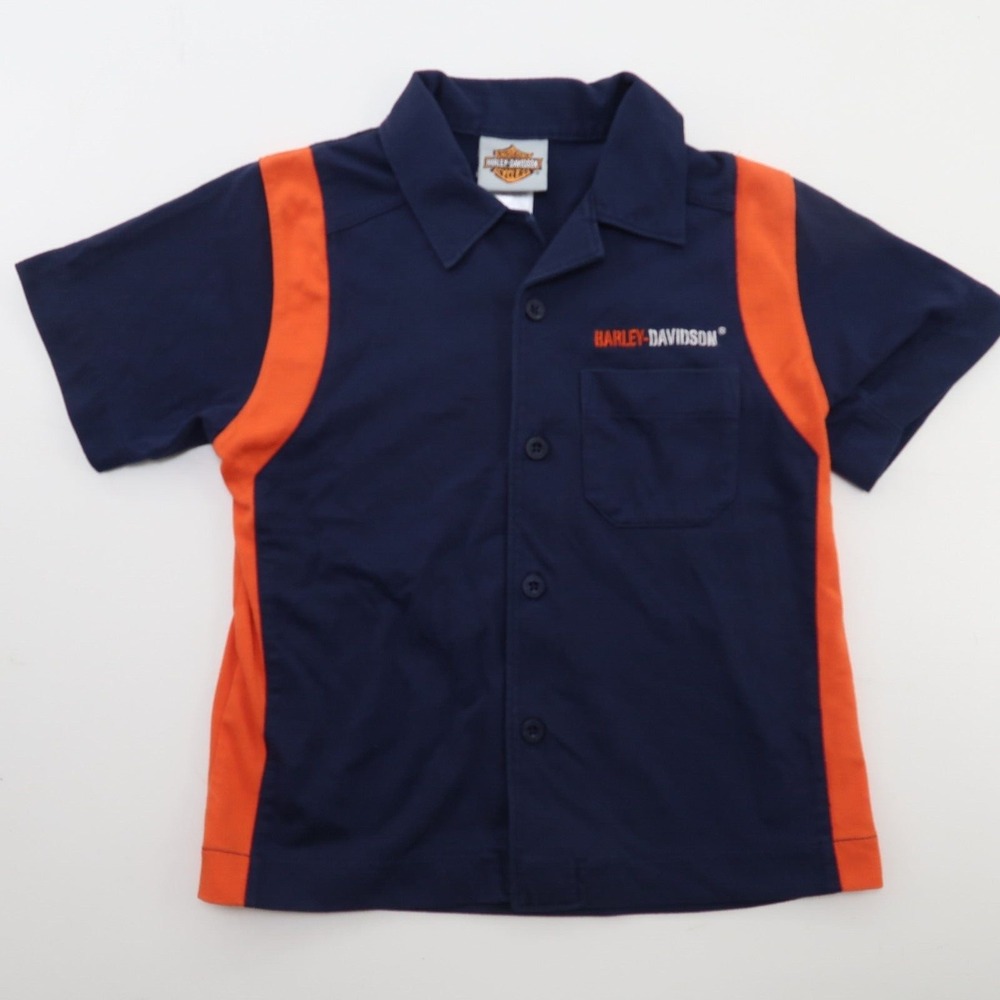 Harley Davidson Motorcycles Kids Boys Button Up Shirt Navy Blue Short Sleeve 6
